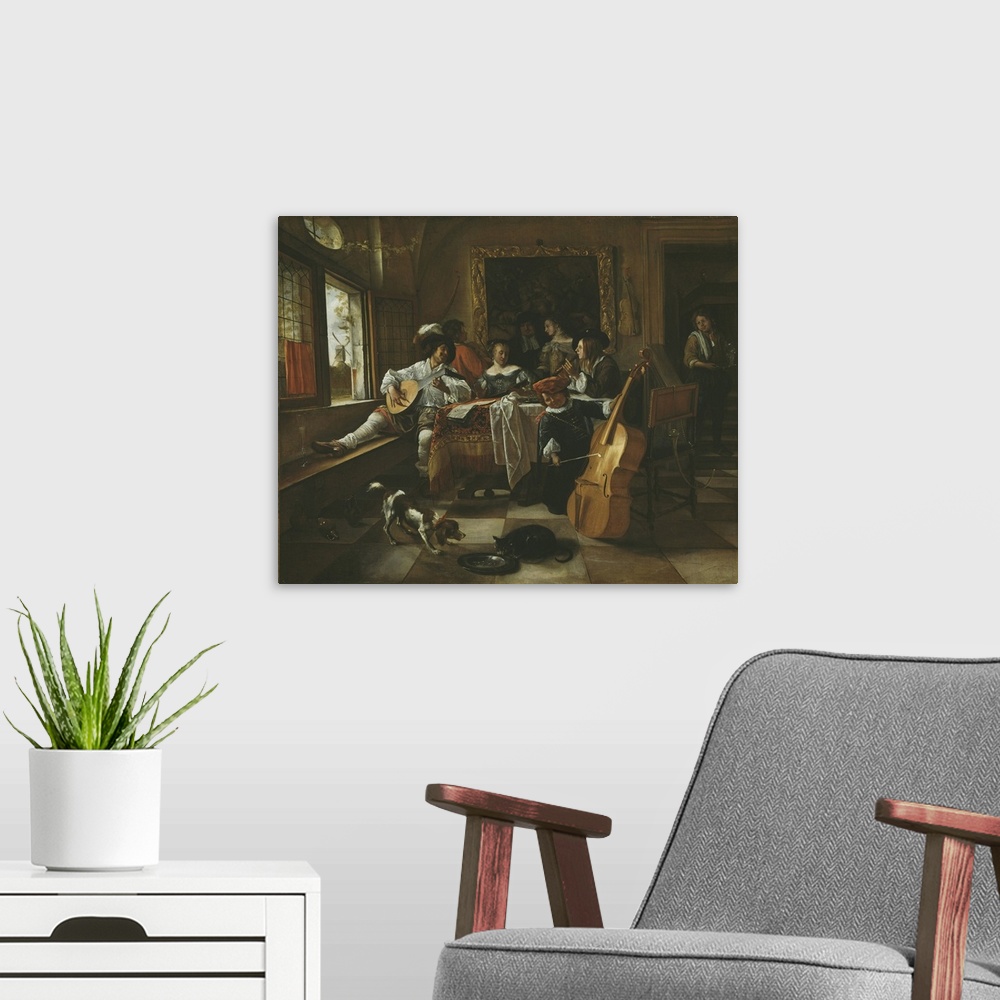 A modern room featuring The Family Concert, 1666, oil on canvas.