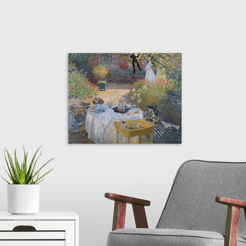 A modern room featuring Big classic art showcases a couple of women and a child enjoying an afternoon snack within a cour...