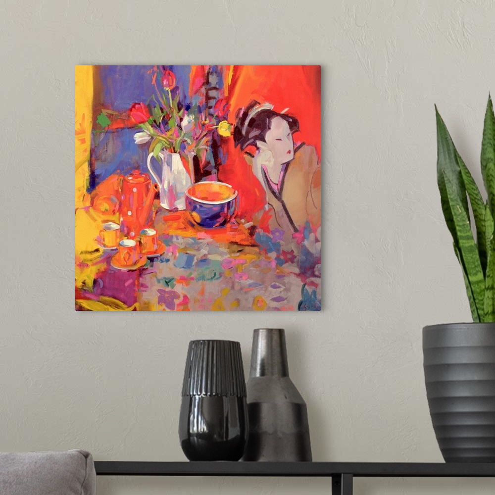 A modern room featuring A geisha sits on a table with dishes and a vase of flowers in front of her. Painting is full of v...
