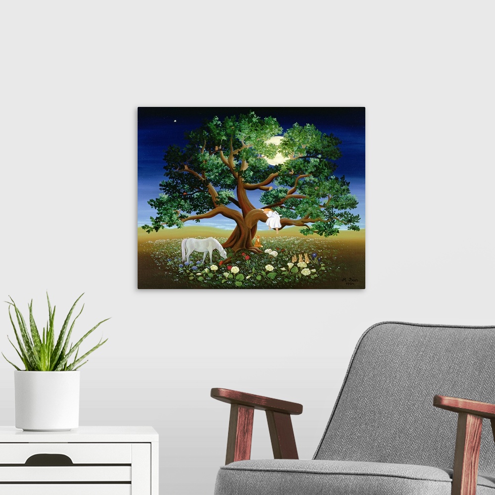 A modern room featuring Fantasy painting of a girl sleeping on the branch of a large tree with many animals and plants be...