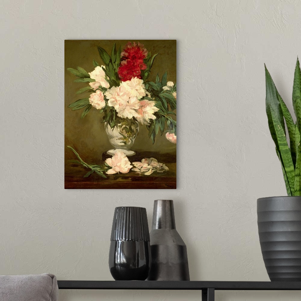 A modern room featuring Painting of a bouquet of flowers in a vase that is sitting on a table that has fallen petals and ...