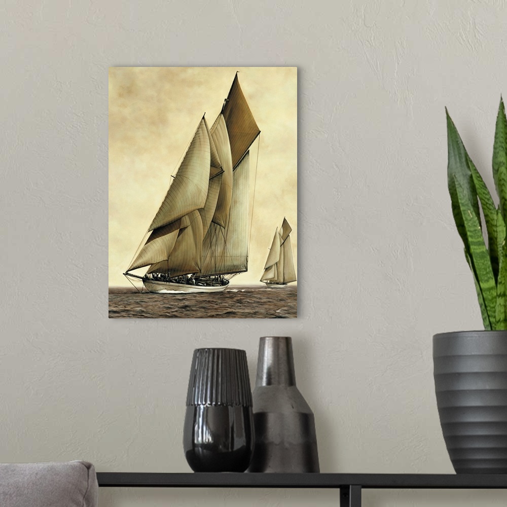 A modern room featuring Contemporary painting of two sailboats in the middle of the ocean with sepia tones.