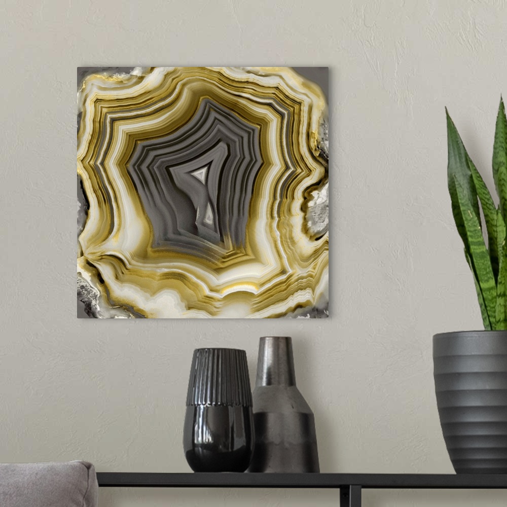 A modern room featuring Square decor with a gold and gray agate pattern.