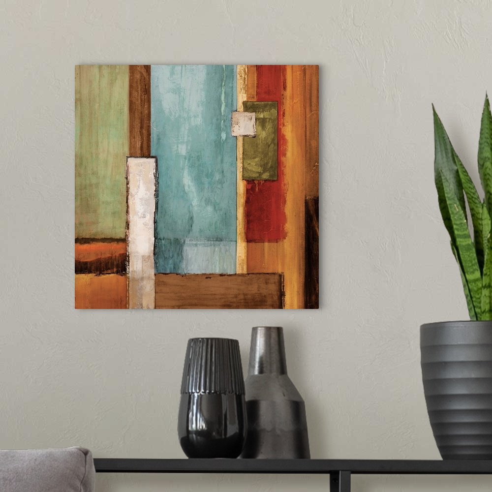 A modern room featuring Square abstract painting created with colorful geometric rectangles fitted together.