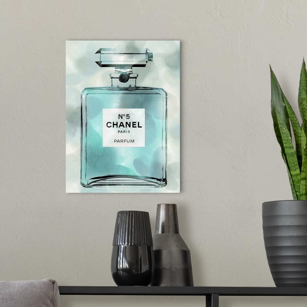 A modern room featuring A crackling texture runs throughout this decorative artwork of a perfume bottle.