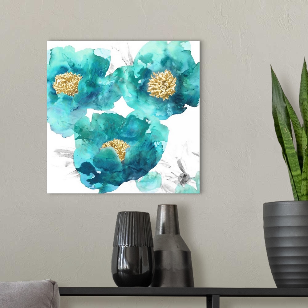 A modern room featuring Square decor with aqua colored poppies with gold centers on a white background with light sketches.