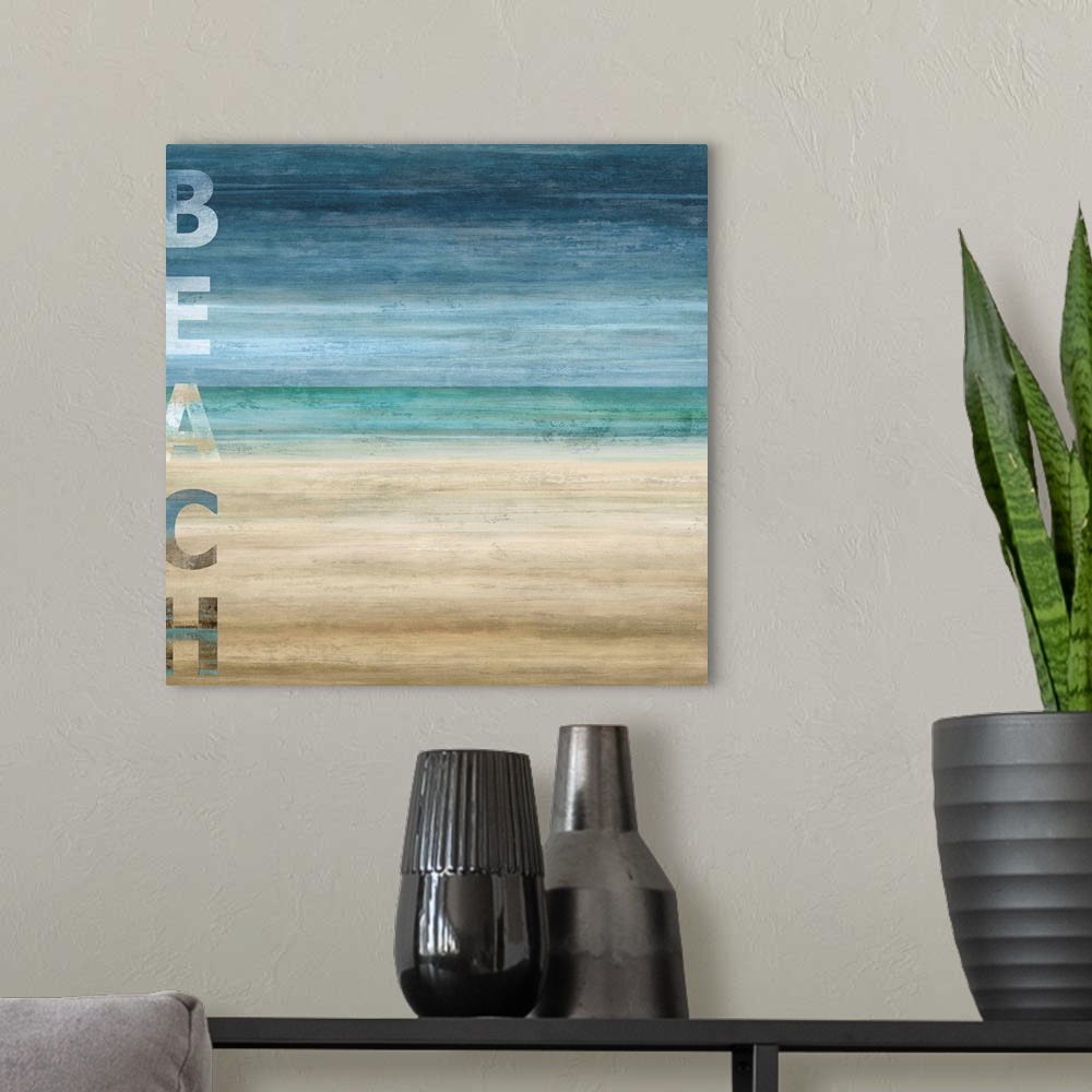 A modern room featuring Square abstract painting of a beach landscape with "BEACH" written vertically along the left side.