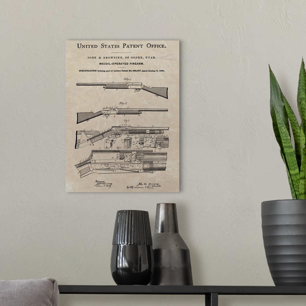 A modern room featuring Antique style blueprint diagram of a Browning Recoil Firearm printed on a brown background.