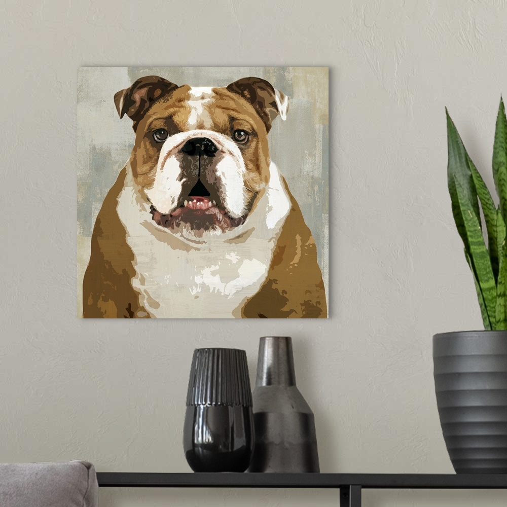 A modern room featuring Square decor with a portrait of a Bulldog on a layered gray, blue, and tan background.