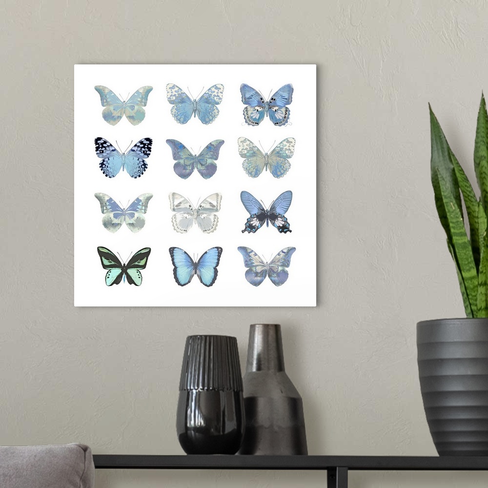 A modern room featuring Square decor with nine silver and powder blue butterflies in three rows on a solid white background.
