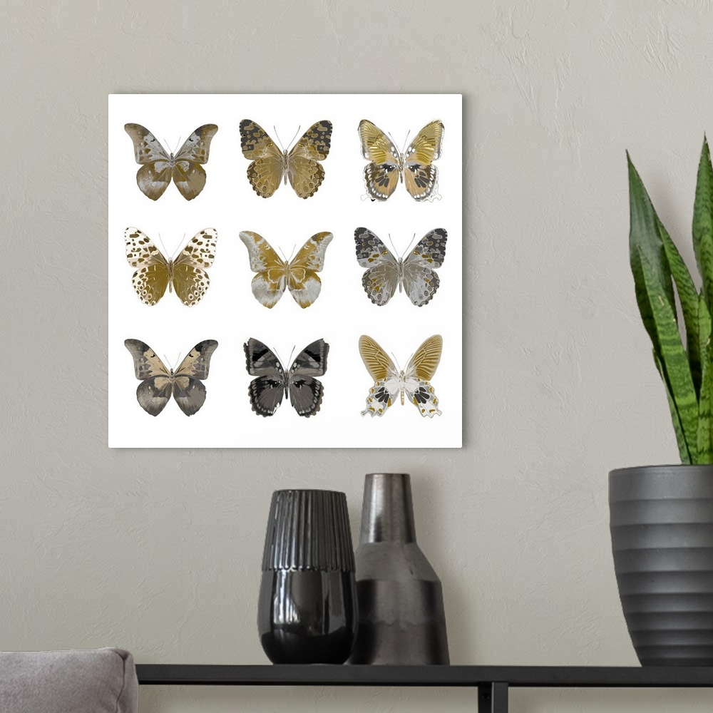 A modern room featuring Square decor with nine gold and silver butterflies in three rows on a solid white background.