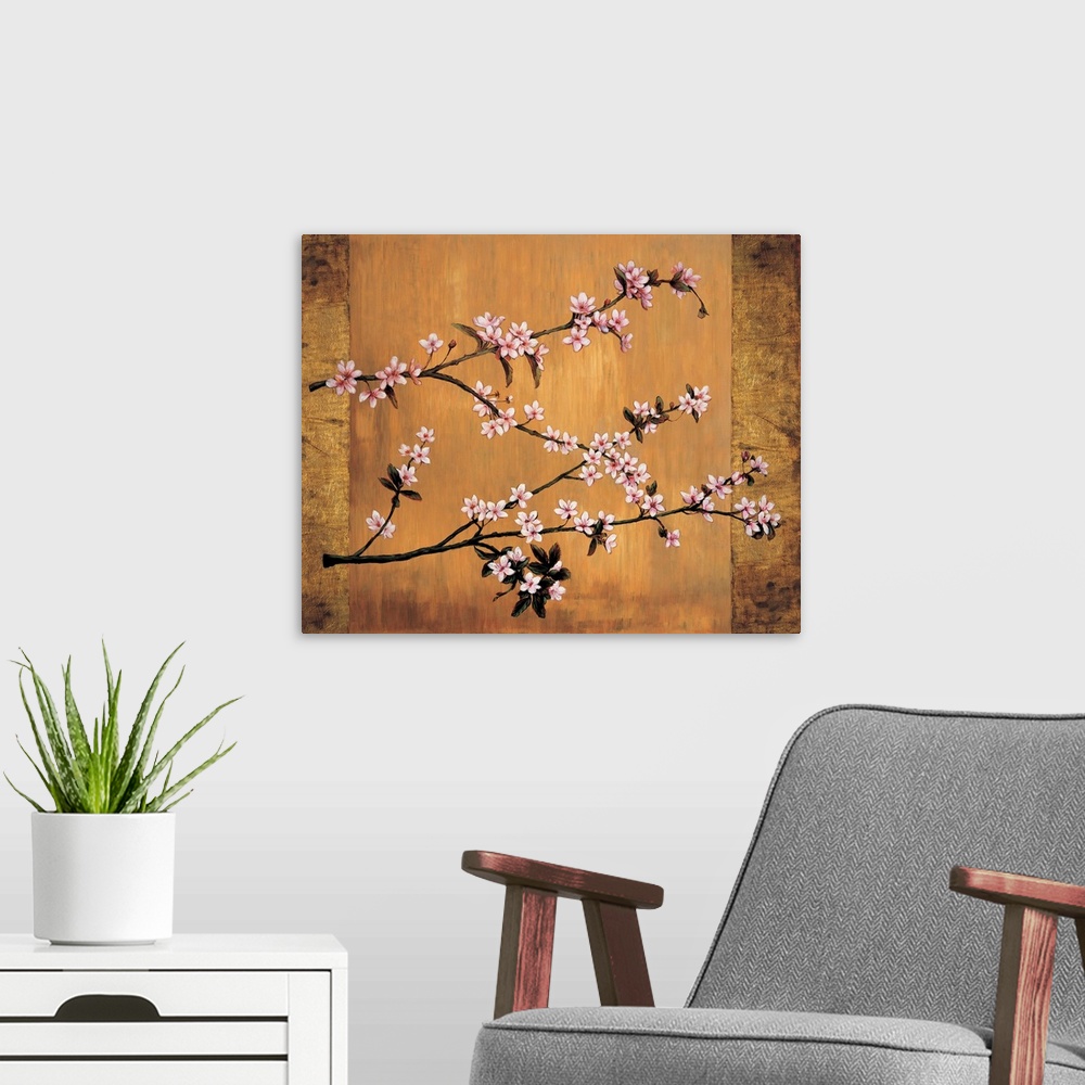 A modern room featuring Contemporary painting of pink cherry blossom flowers on branches on a background with shades of g...