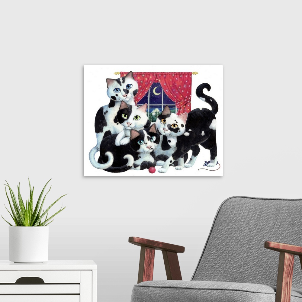 A modern room featuring Illustration of four black and white cats in front of a window with cred curtains.