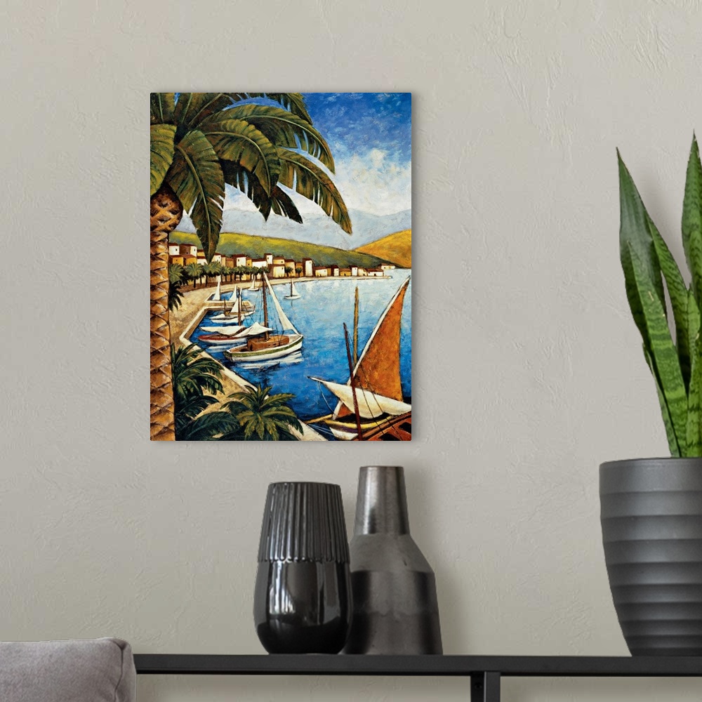 A modern room featuring Contemporary painting of sailboats docked in a harbor with a village in the background and palm t...