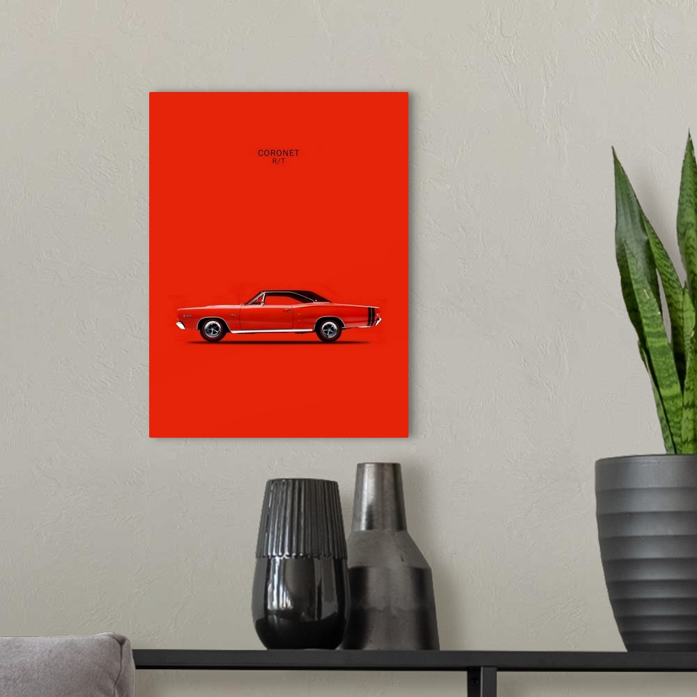 A modern room featuring Photograph of a bright red Dodge Coronet RT426 Hemi 1968 printed on a red background