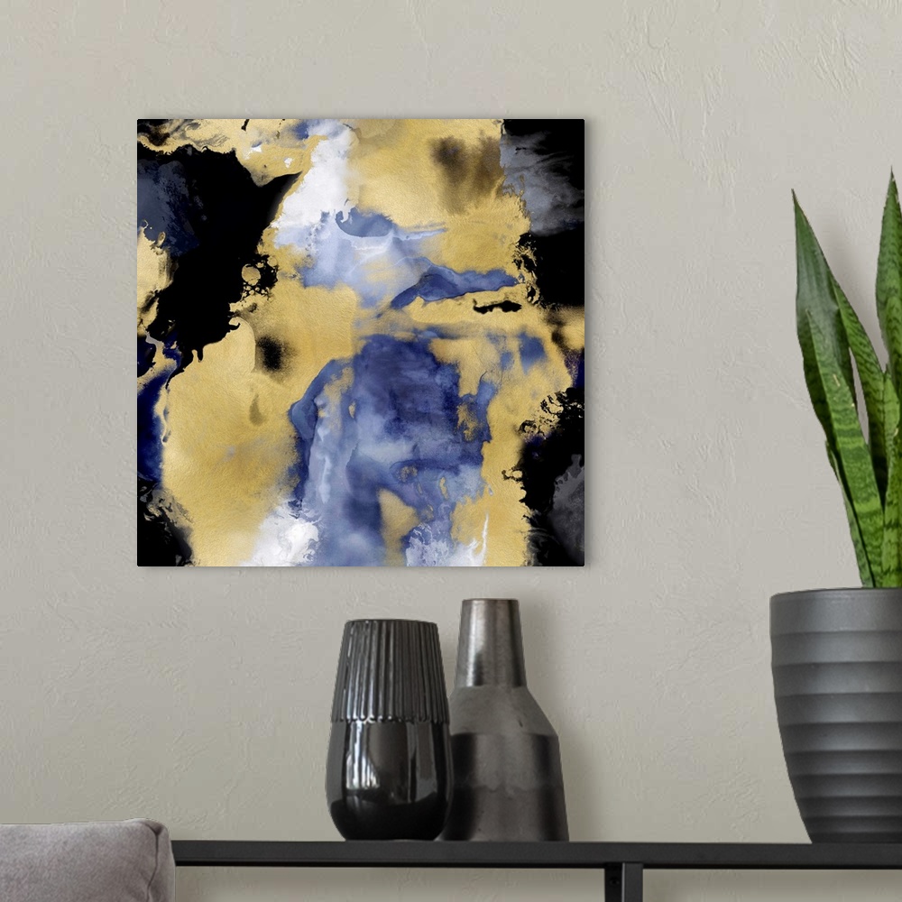 A modern room featuring Square abstract decor in indigo, white, black, and metallic gold hues.