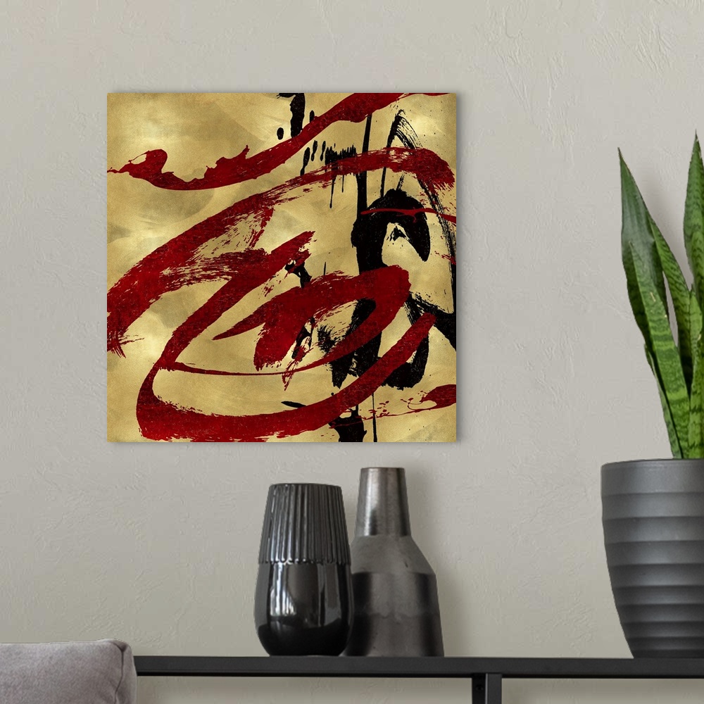 A modern room featuring Gestural and energetic brush strokes in black and red decorate a mottled gold color background in...