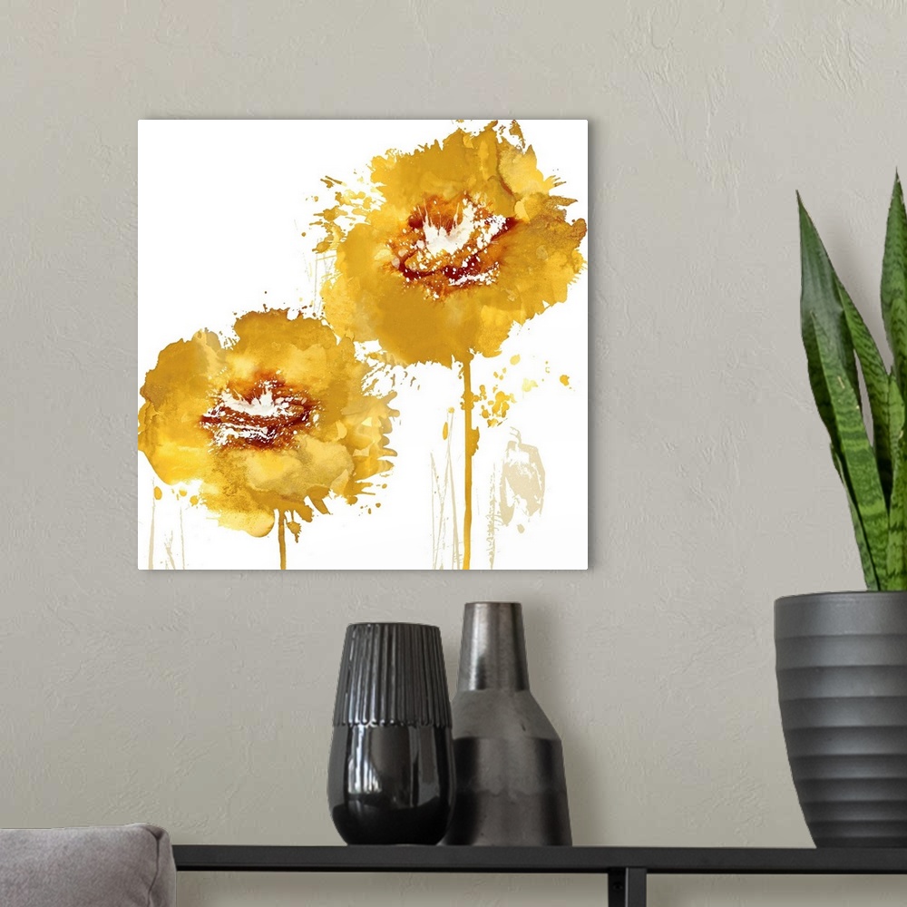 A modern room featuring Square decor with two warm paint splattered flowers in gold and orange hues.