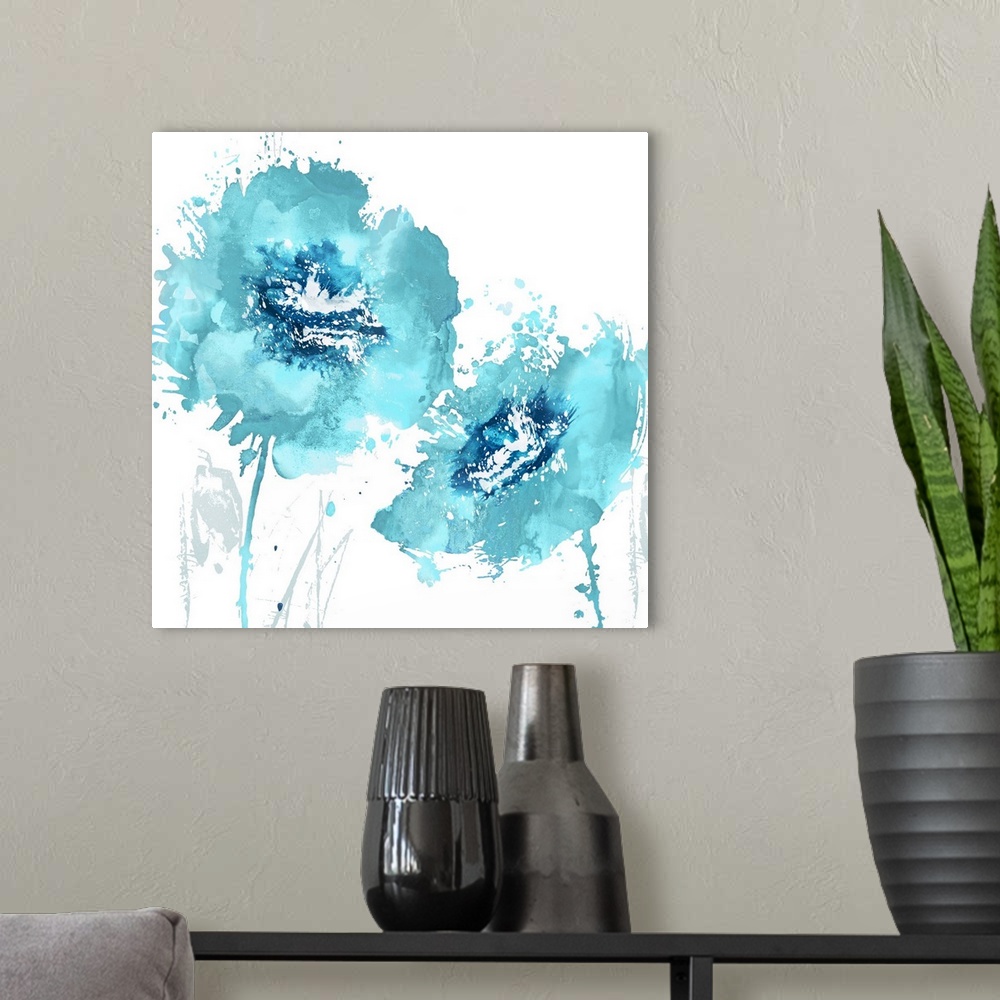 A modern room featuring Square decor with two paint splattered flowers in shades of blue.