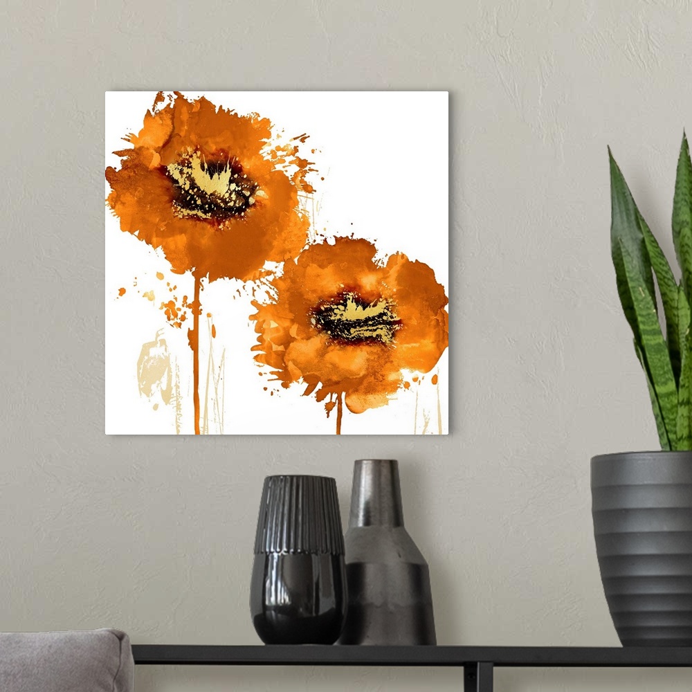 A modern room featuring Square decor with two paint splattered flowers in gold and orange hues.