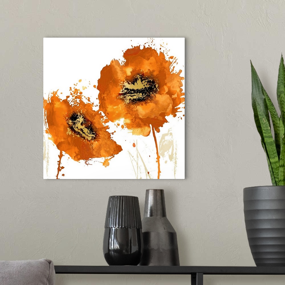 A modern room featuring Square decor with two paint splattered flowers in gold and orange hues.
