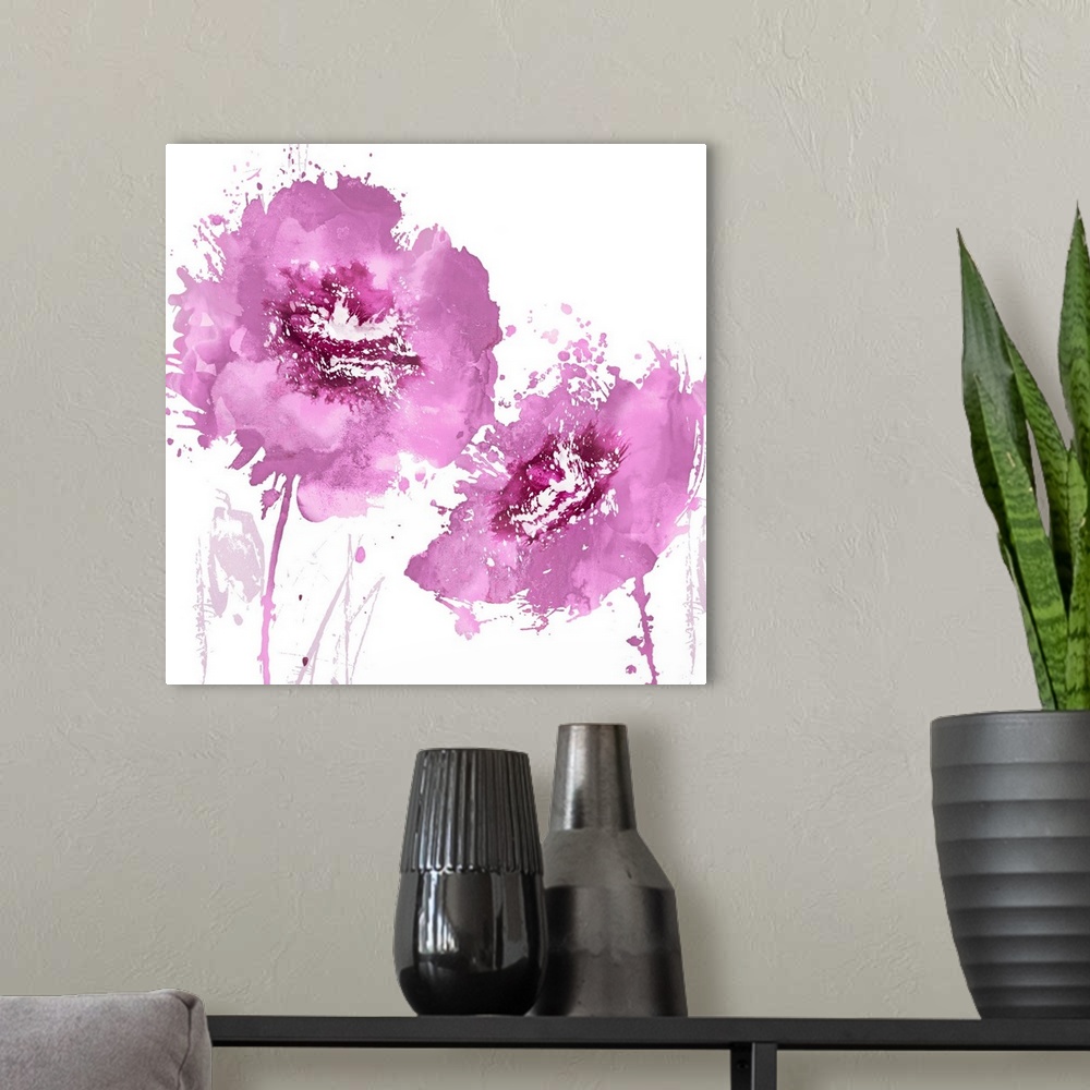 A modern room featuring Square decor with two paint splattered flowers in shades of pink.