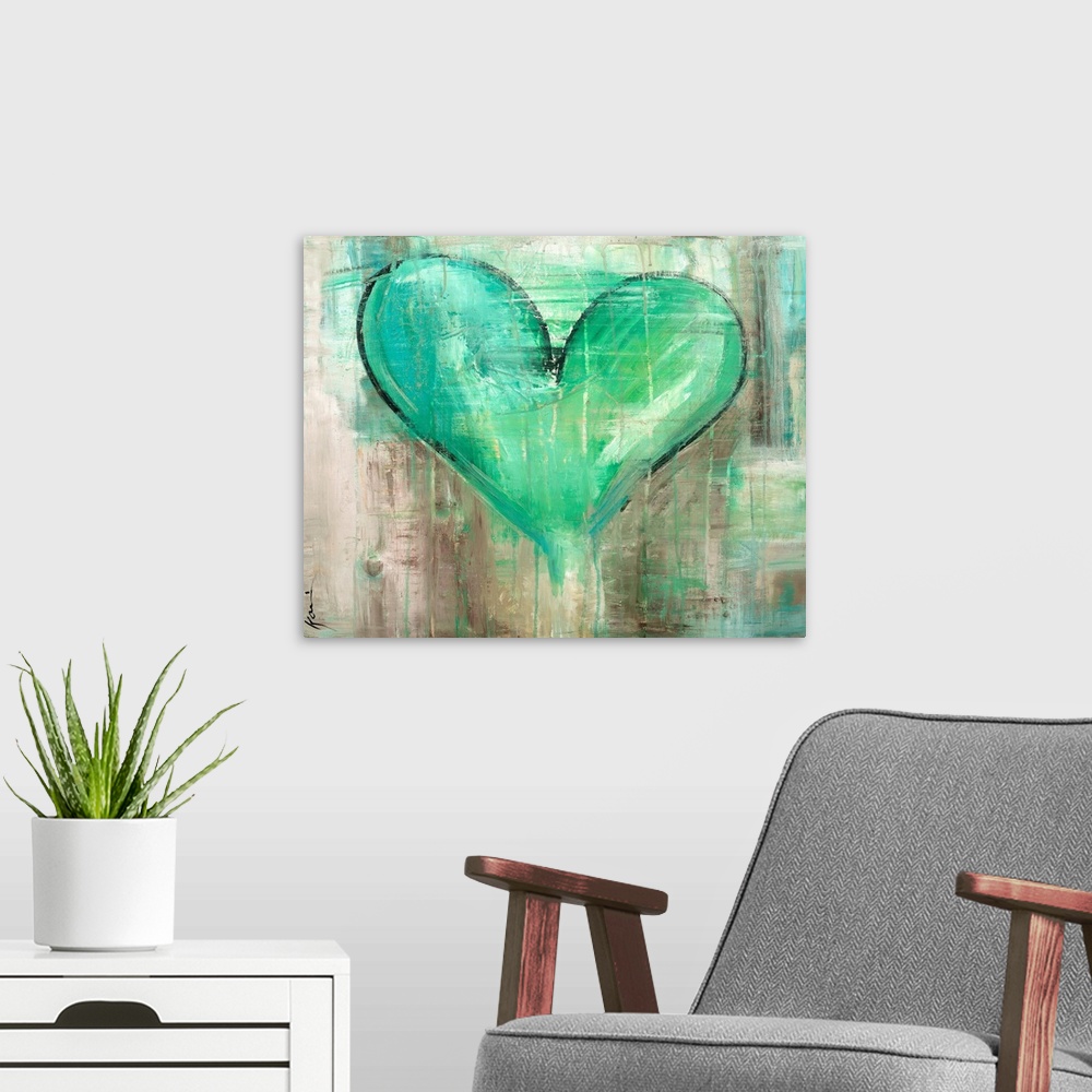 A modern room featuring Full of warmth and emotion, this heart artwork is shaped by varying green brush strokes and paint...