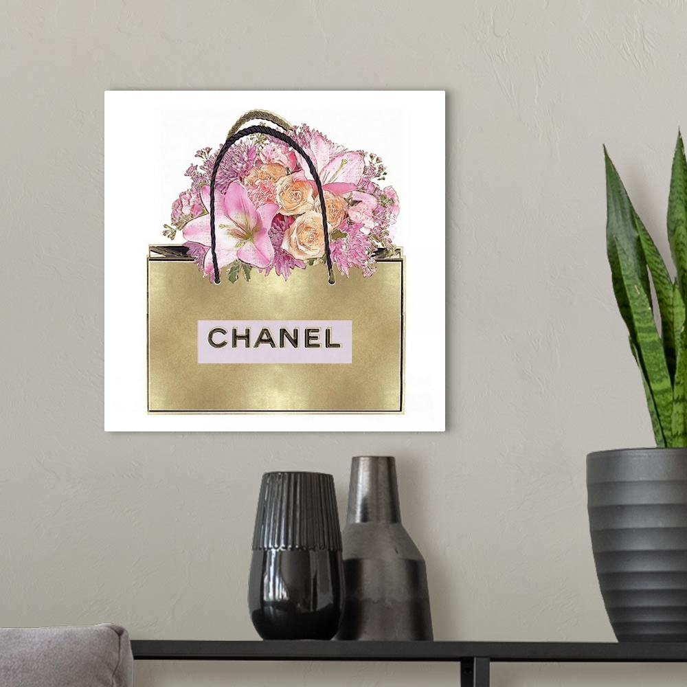 Wall Decor, Louis Vuitton Tote With Pink Bouquet On Gold Framed Wall Art  Print 175x175
