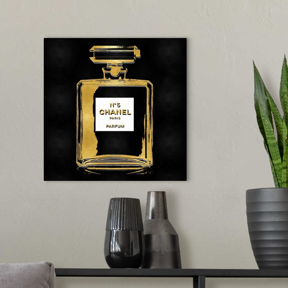 A modern room featuring A black background peeks through a transparent bottle of perfume.