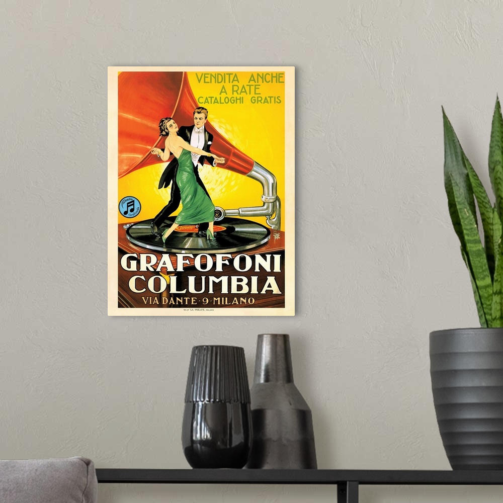 A modern room featuring Vintage advertisement of Grafofoni Columbia, 1920 ca