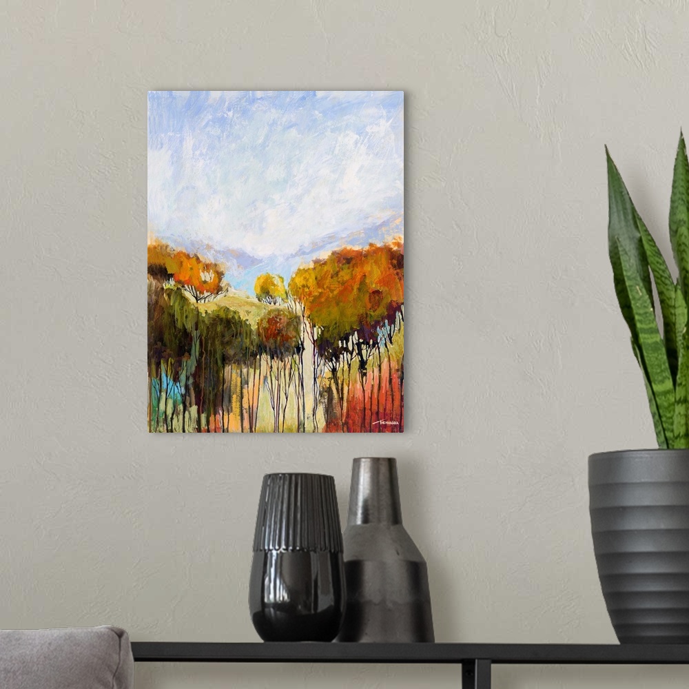 A modern room featuring Abstract landscape painting with thin trees with paint running to the bottom of the canvas and a ...