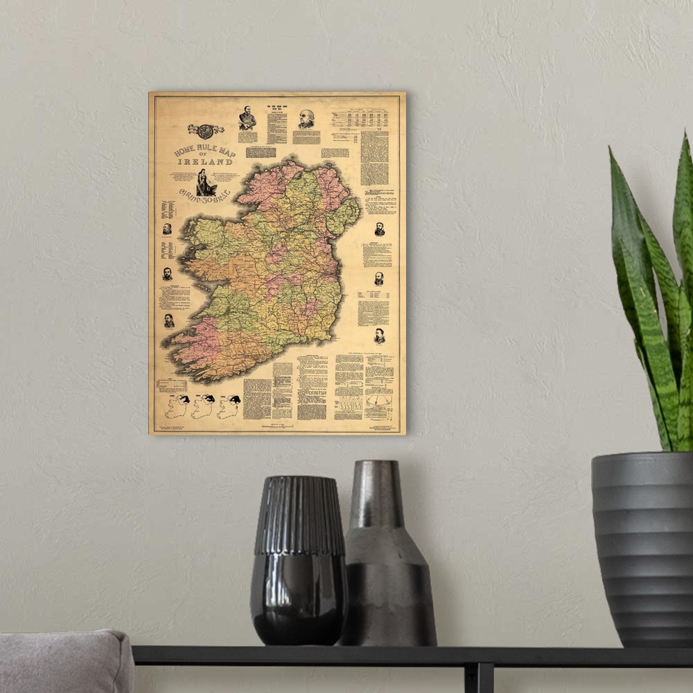 A modern room featuring Antique map of Ireland from 1892.