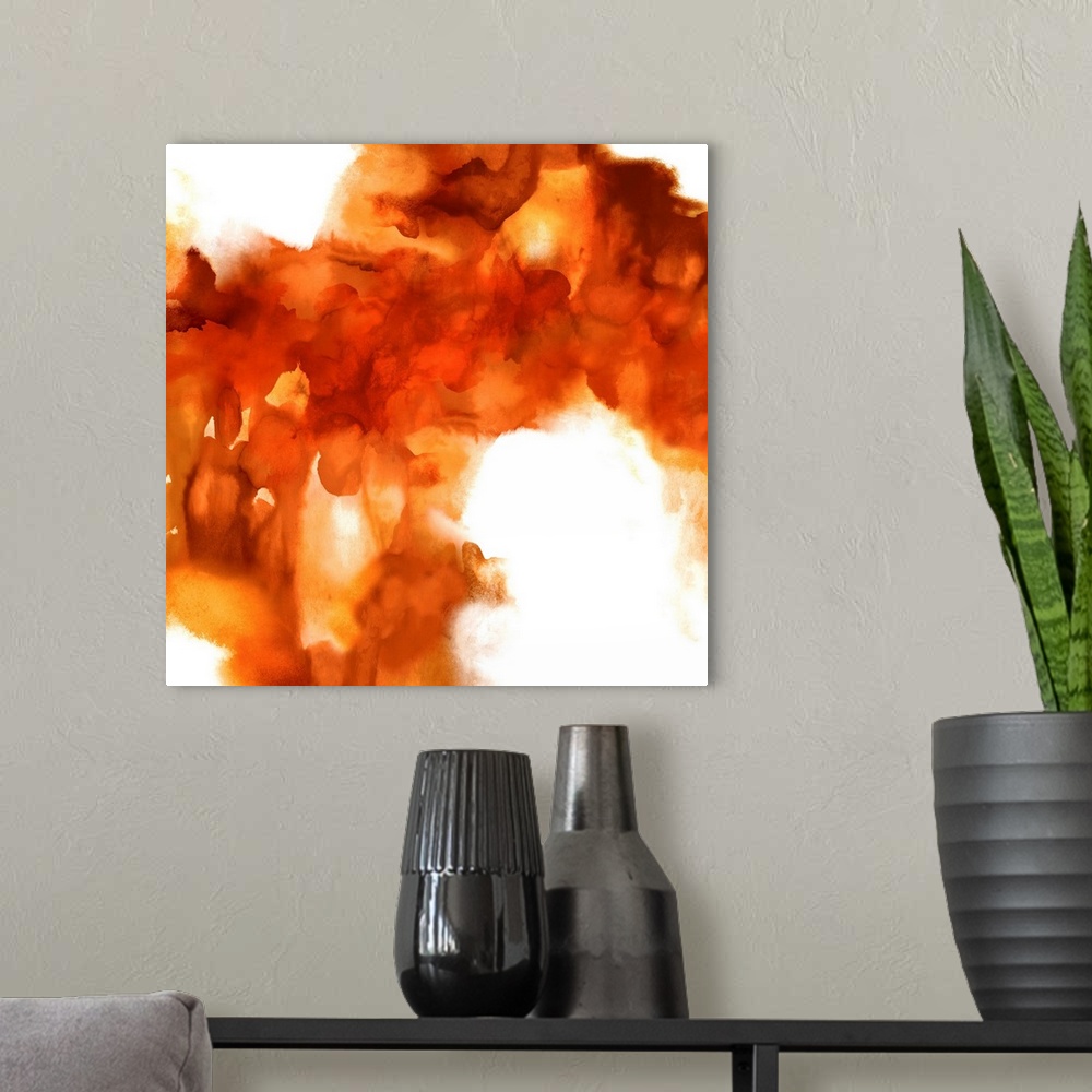 A modern room featuring Square abstract art with shades of orange on a solid white background.