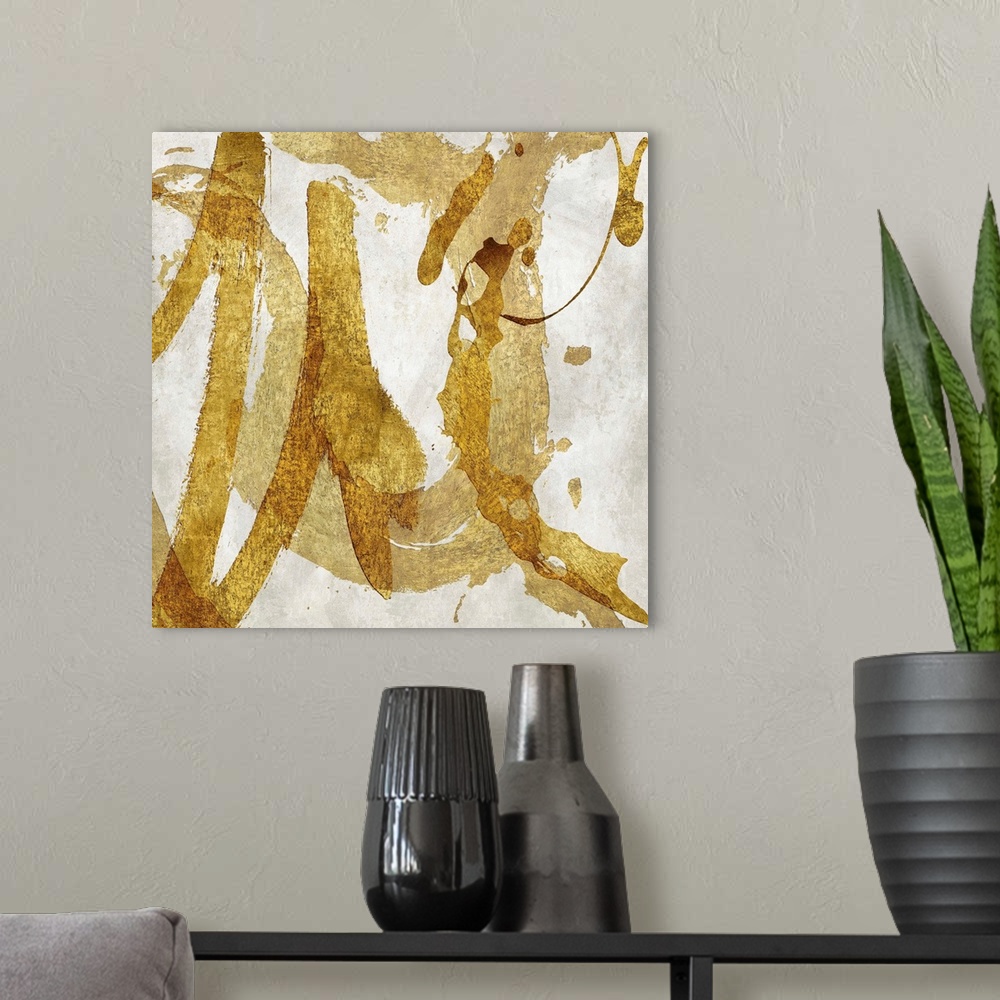 A modern room featuring Square abstract art with metallic gold brushstrokes going in all directions on a white background.