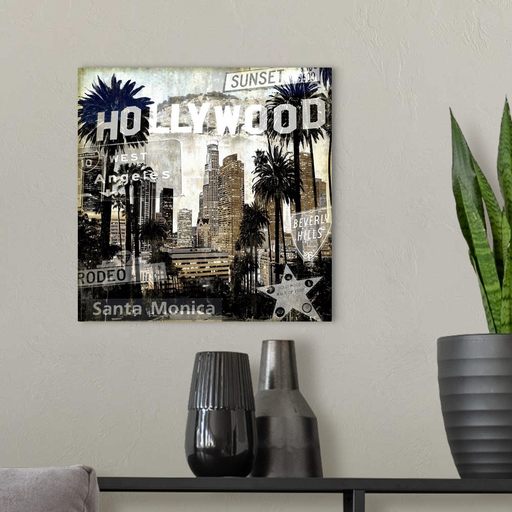 A modern room featuring Square home decor with a cityscape of LA/Hollywood in black and sepia tones with well-known stree...