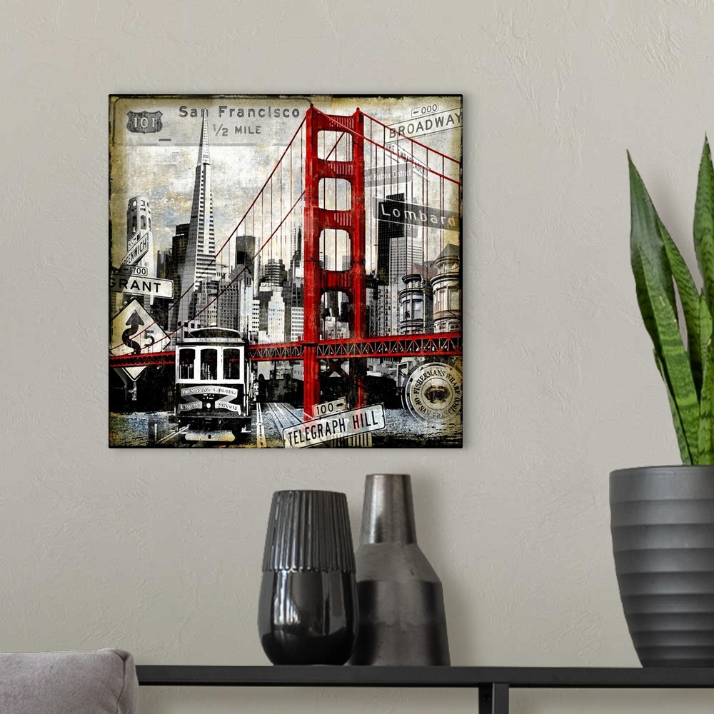 A modern room featuring Square decor highlighting the famous landmarks in San Francisco.