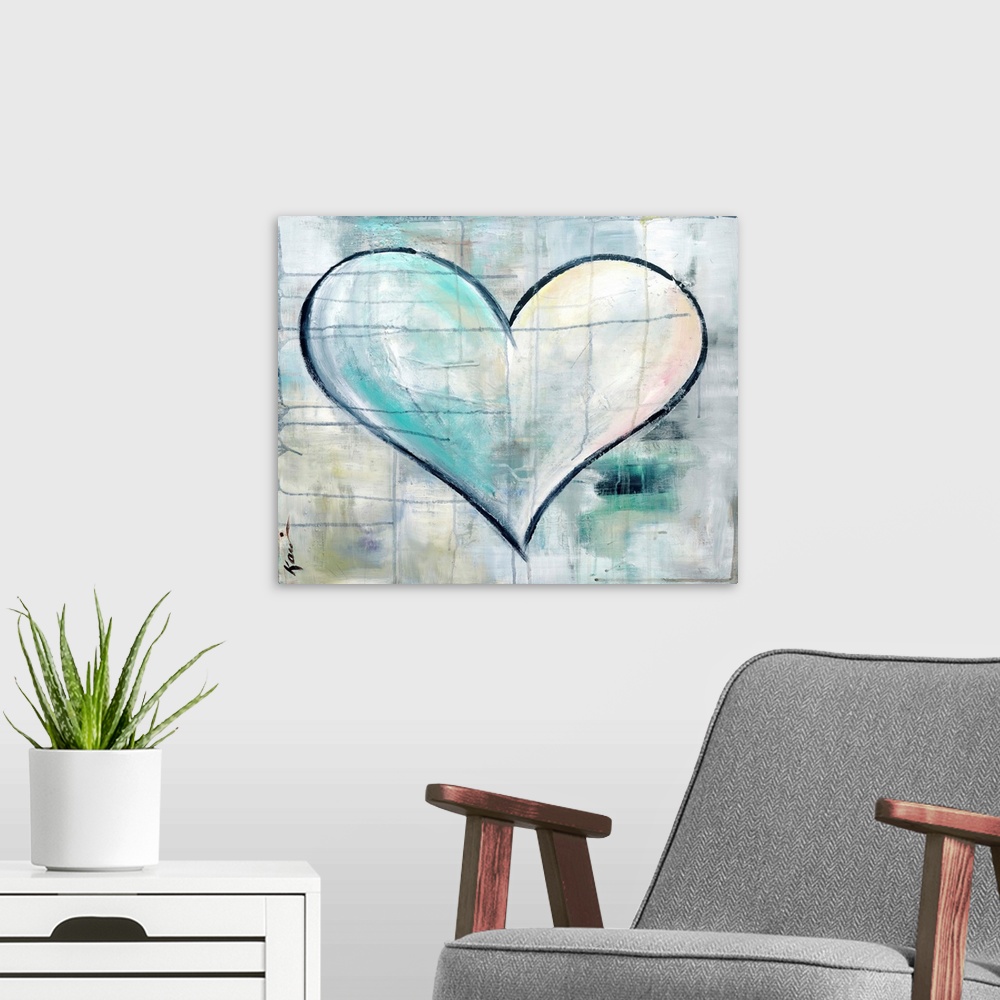 A modern room featuring Contemporary abstract painting of a large heart outlined in black with a multi-colored background...