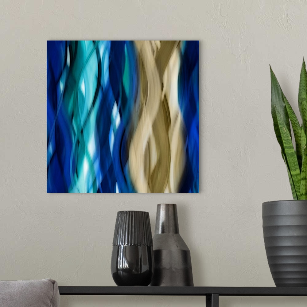 A modern room featuring Square abstract art with blurred, wavy ribbons running vertically along the canvas from top to bo...