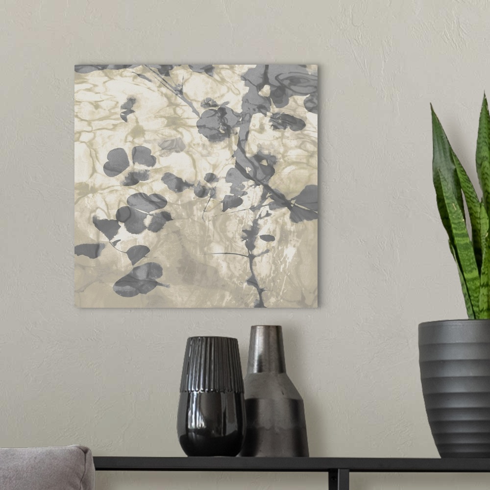 A modern room featuring Contemporary artwork featuring soft gray petals over a mottled background in shades of beige.