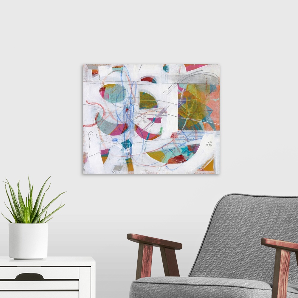 A modern room featuring A contemporary abstract painting featuring large sweeps of white across a background of tropical ...