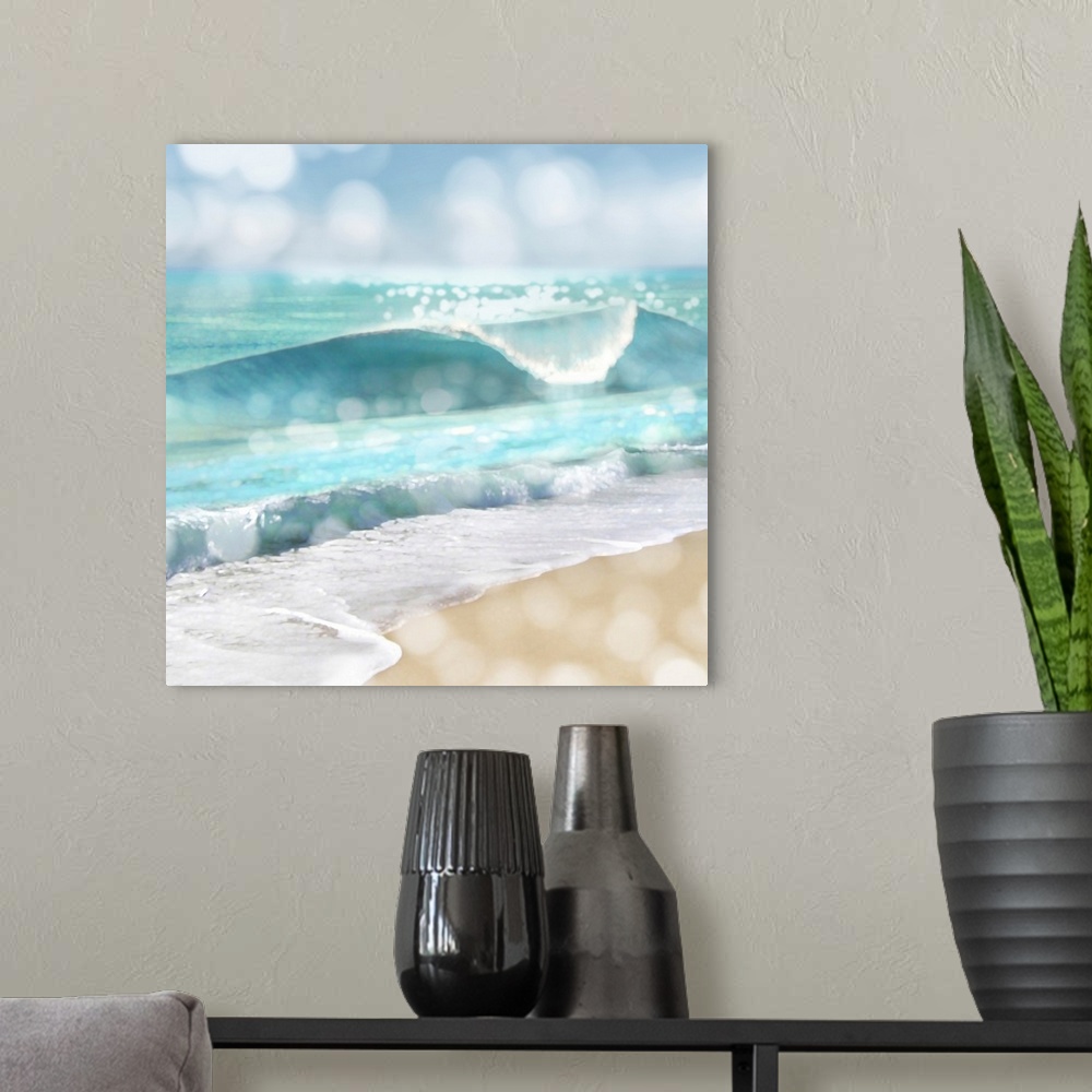 A modern room featuring Square photograph of beach waves and the shore with a bokeh effect.