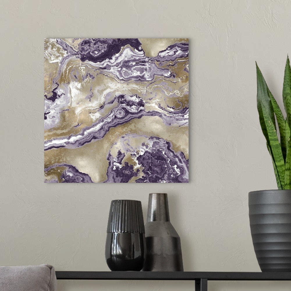 A modern room featuring Square abstract decor with an amethyst purple, gold, and white onyx design.