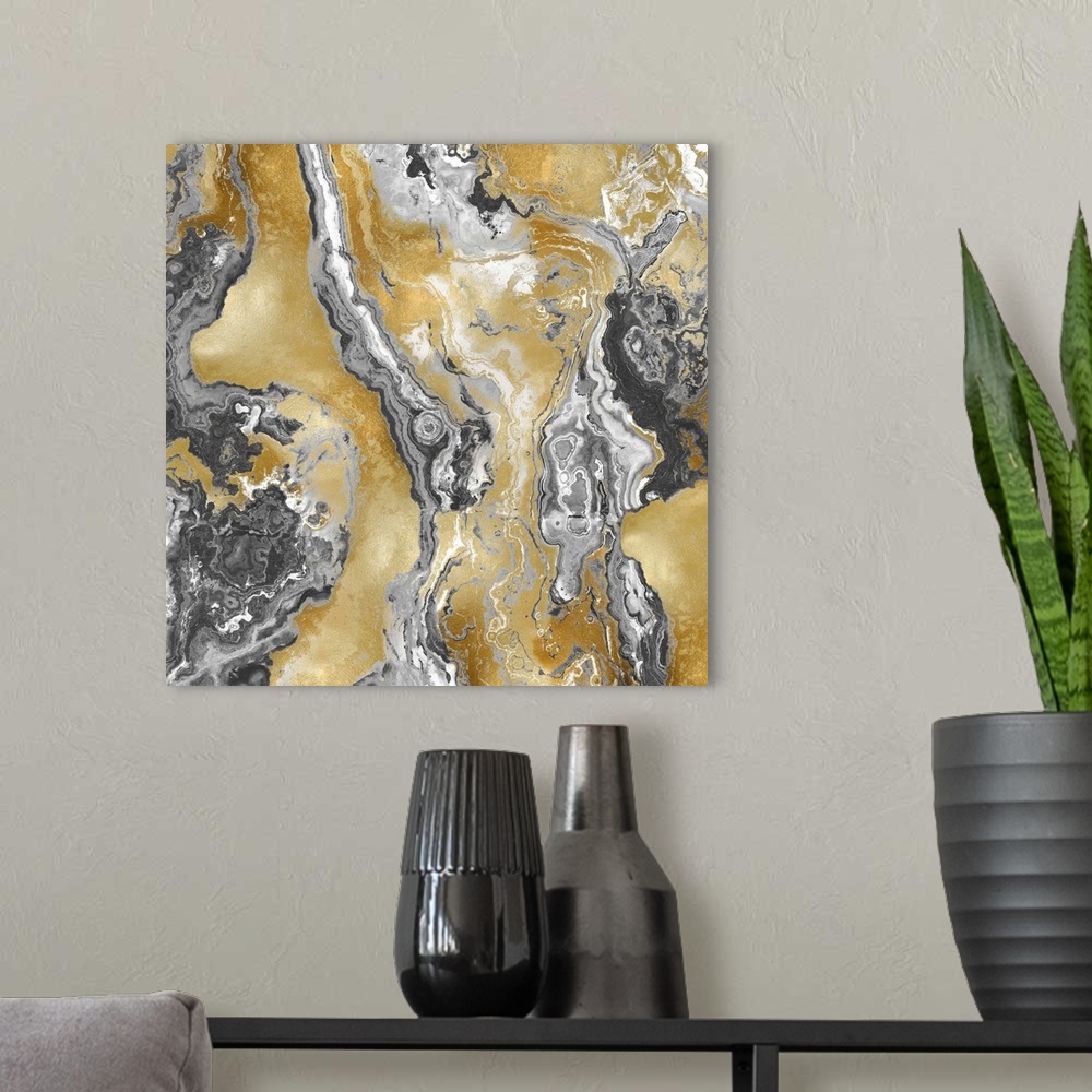 A modern room featuring Square abstract decor with a gold, gray, silver, and white onyx design.