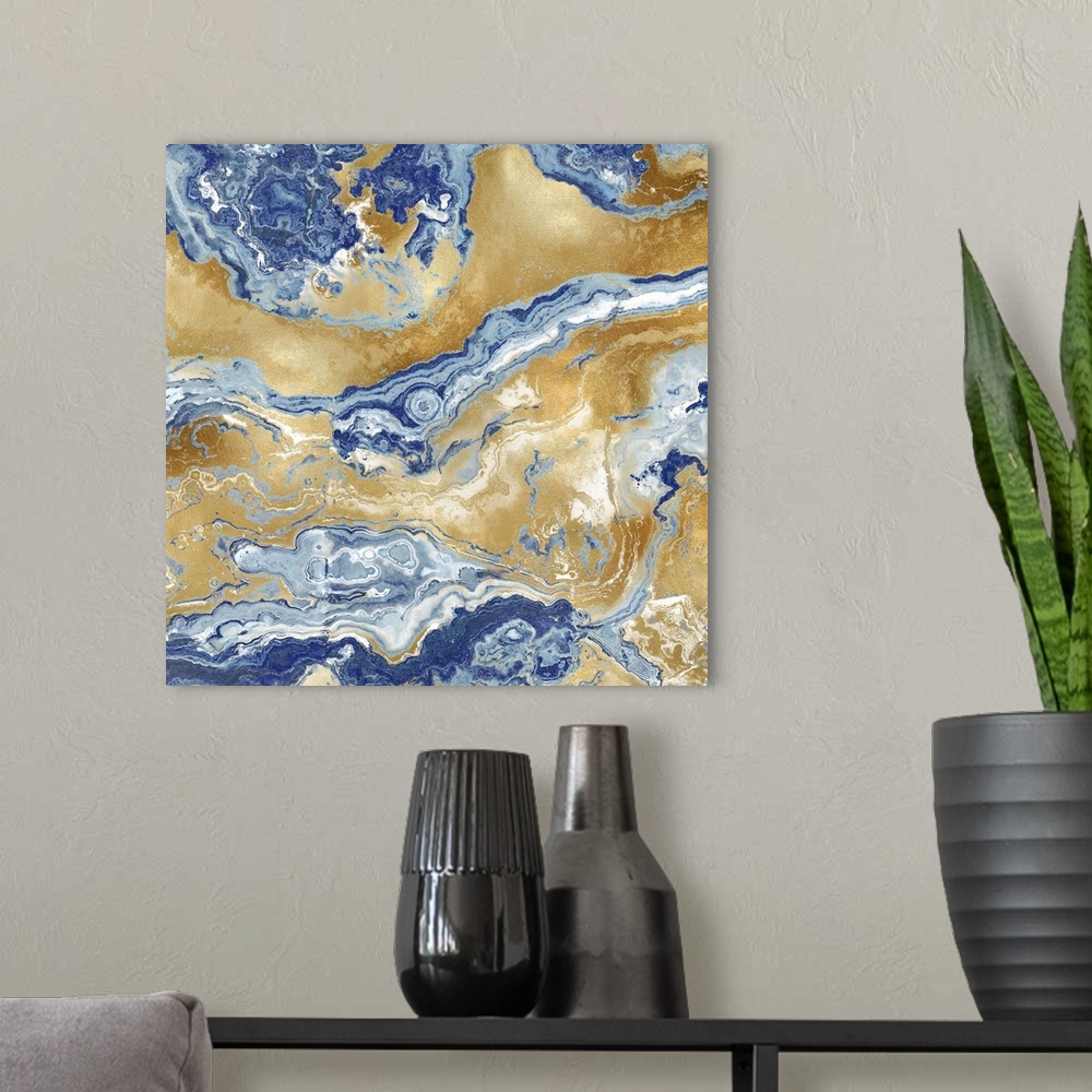 A modern room featuring Square abstract decor with a blue, white, and gold onyx design.