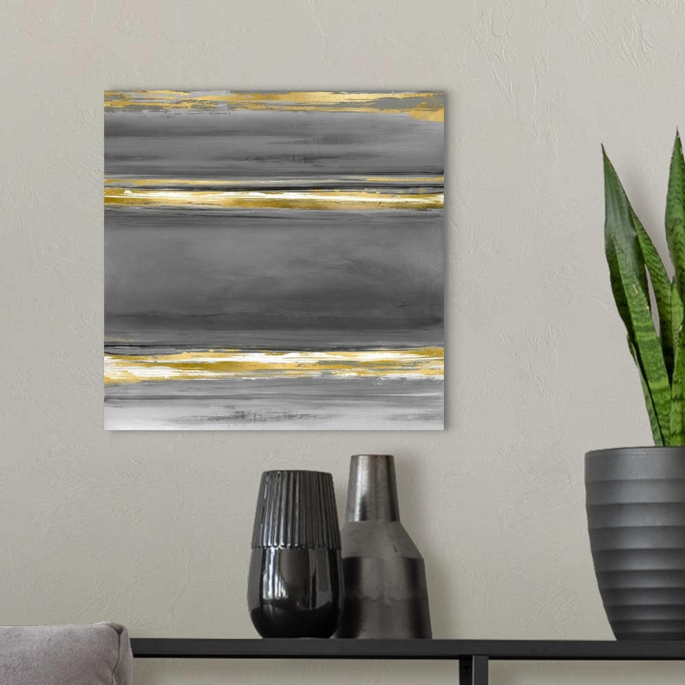 A modern room featuring Contemporary artwork featuring three bold black brush strokes overlaid with a gold foil texture o...