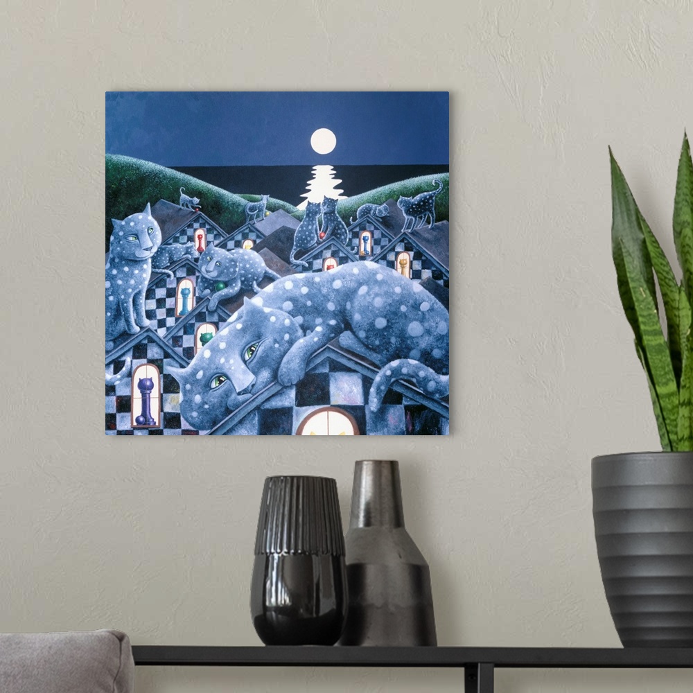A modern room featuring Square illustration of polka dotted cats on checkered roof tops with a full moon in the distance.