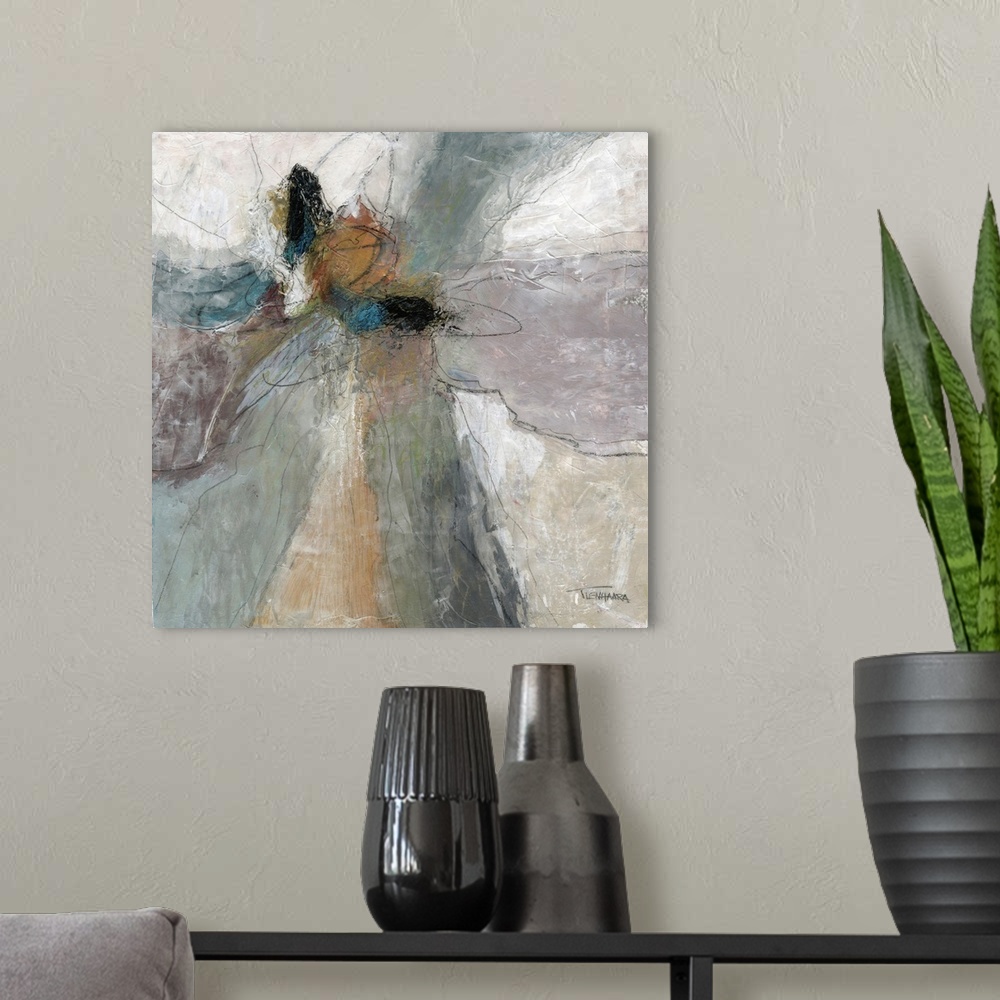 A modern room featuring Textured square abstract painting with muted pastel colors in sections around the canvas and thin...