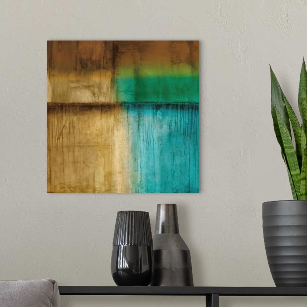 A modern room featuring Square abstract painting in shades of brown, blue, and green.