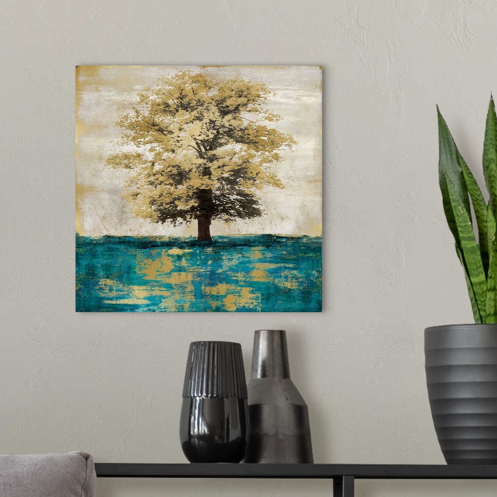 A modern room featuring Single metallic gold oak tree isolated on a distressed gray and gold background with teal grass.