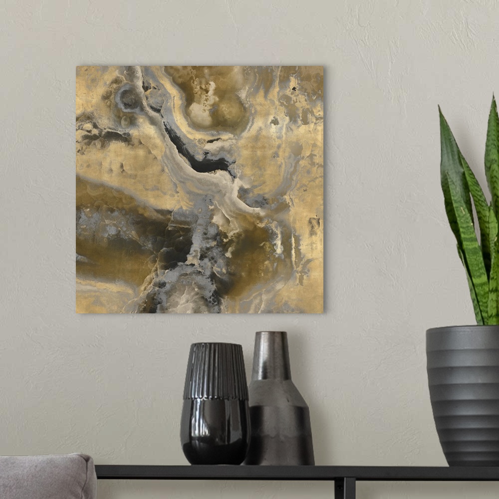 A modern room featuring Contemporary artwork featuring a deluge of grays and gold colors that have been edited to a marbl...